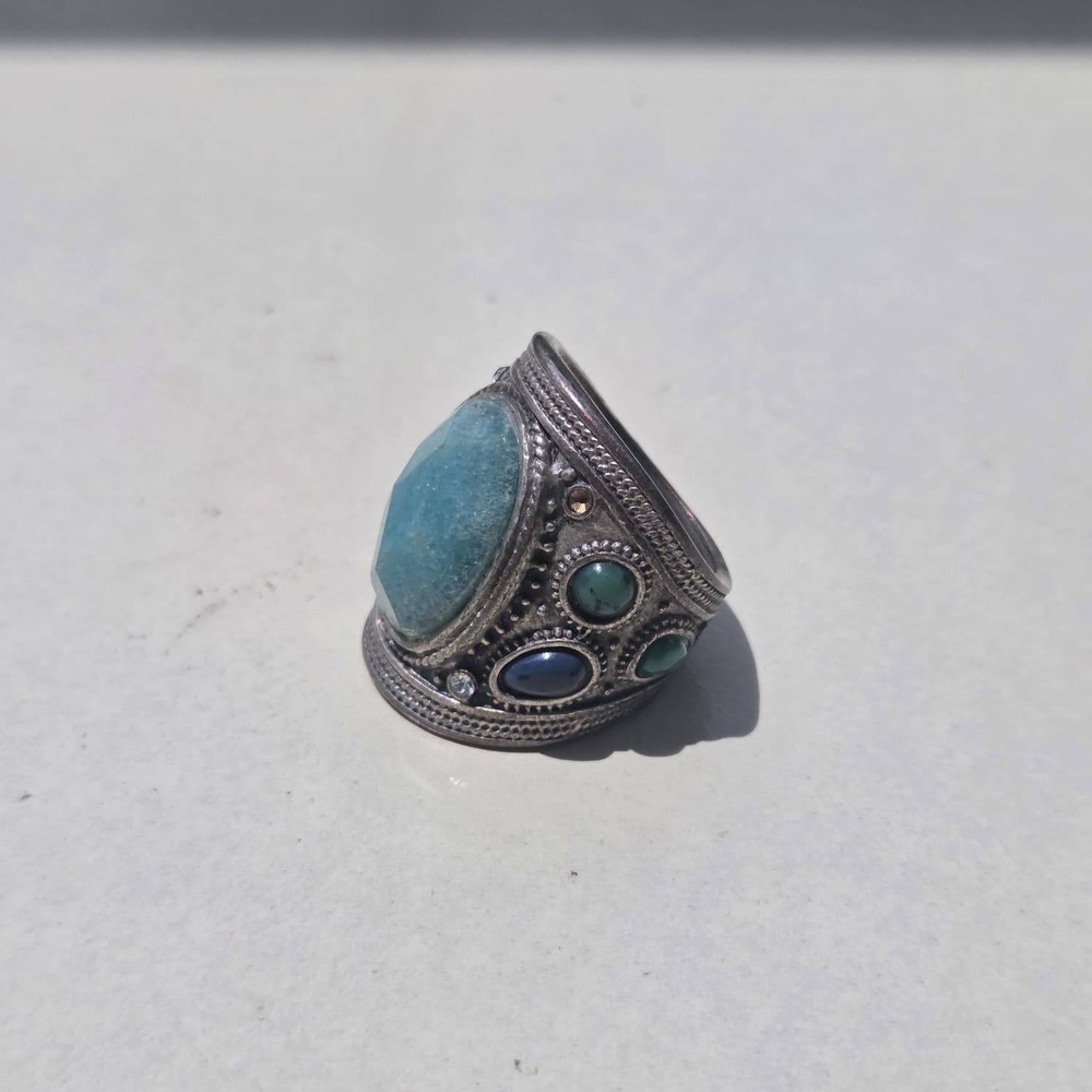 Vintage 925 Sterling Silver Mixed Stone Boho Statement Ring Size 7.25 Blue Green